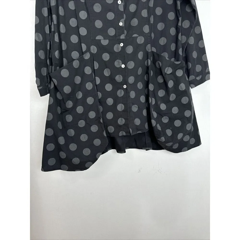 NWOT — Comfy USA Tunic Women's Large Black Gray Polka-Dot Button Up High Low - Picture 3 of 7